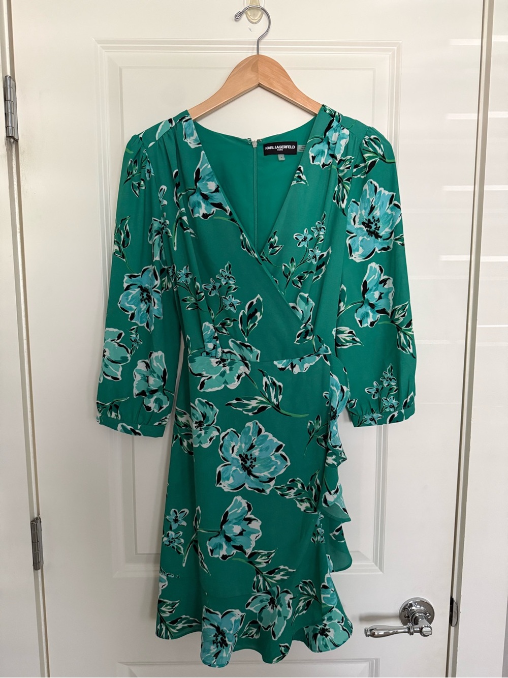 Karl Lagerfeld Paris Green Floral Wrap Style Mini Dress